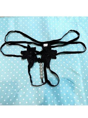NEW Crotchless Black Strappy Gstring Thong Panties With Pearls & Floral Detail
